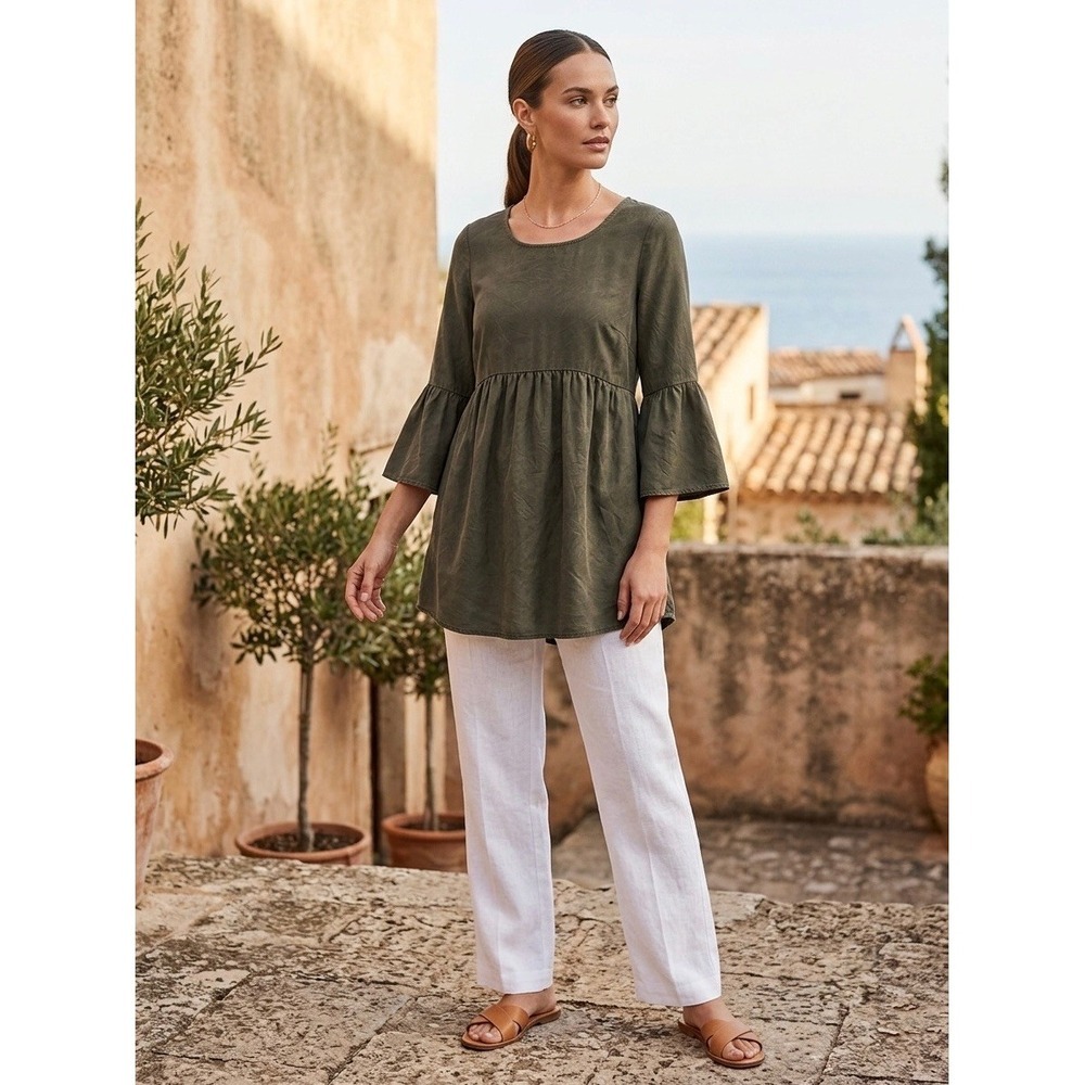 Boden Olive Green Tencel Babydoll Tunic Top Bell Sleeve W0193 US 2